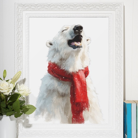 Watercolor Polar Bear with Red Scarf Portrait Wall Art Print Poster, Unframed - Picture 6 of 6